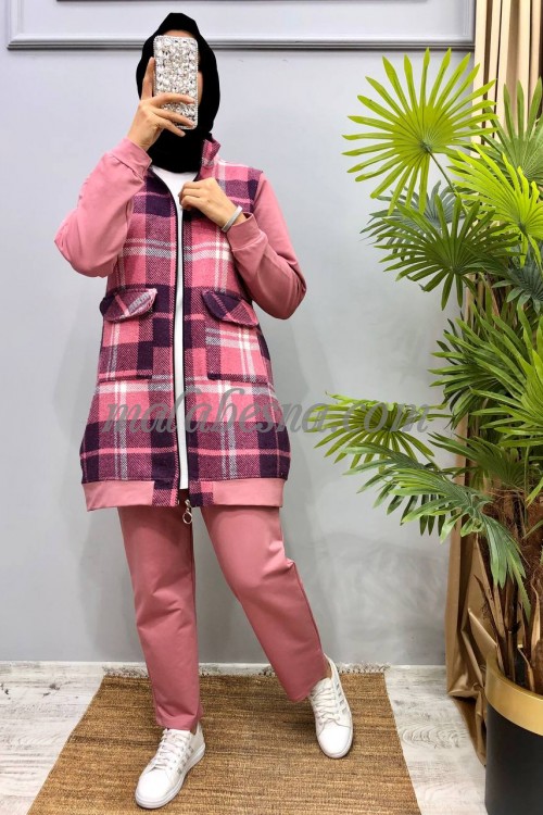 2 Pieces pink plaid suit with zipper