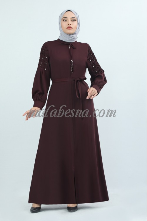 Red abaya with pearls on the sleeves