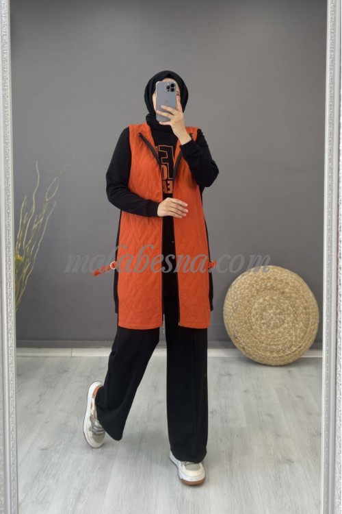 3 Pieces Orange suit with long vest shirt and a trouser