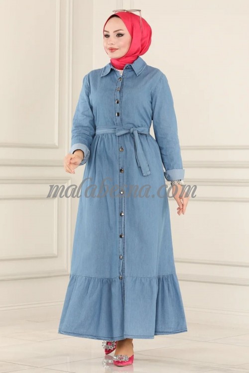 Light jeans abaya with buttons and belt