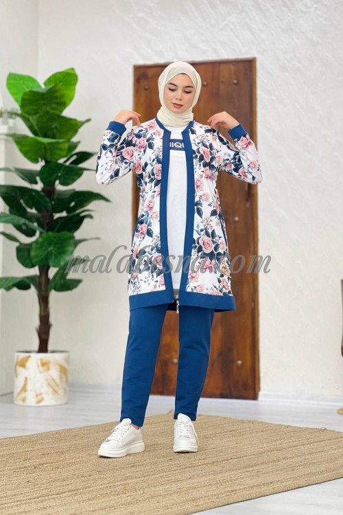 3 pieces Blue suit with flowers pattern with pants