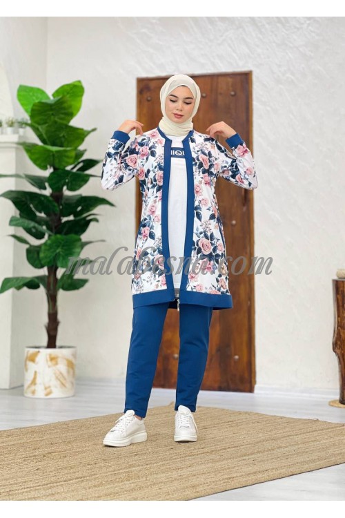 3 pieces Blue suit with flowers pattern with pants