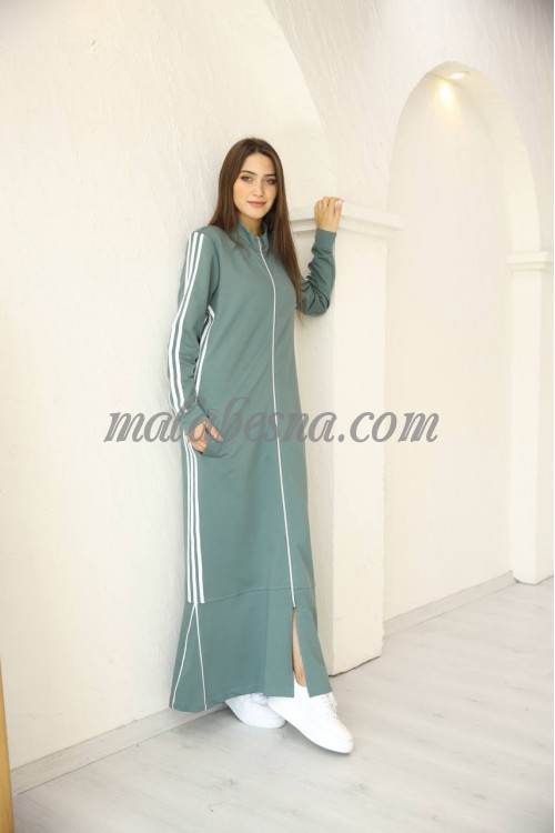Green Sporty abaya with 3 white lines