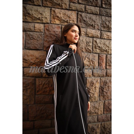 Black Sporty abaya with 3 white lines