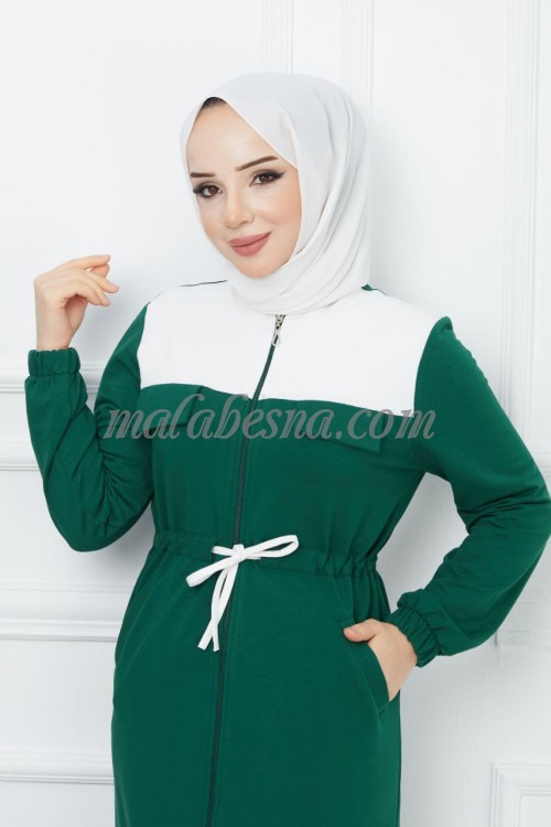 Green sporty abaya with zipper and white color from the top
