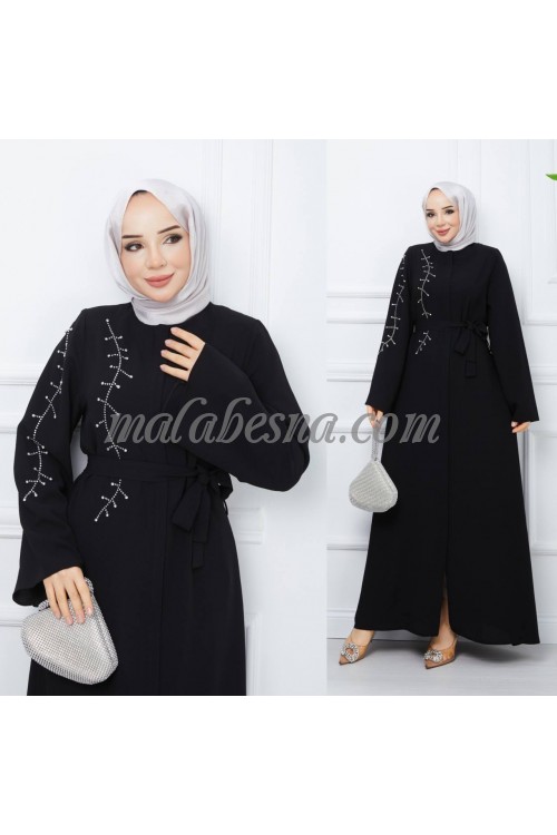Black abaya with pearls pattern on the chest with belt