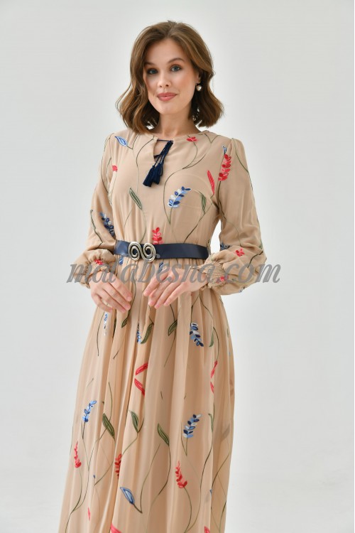 Beige patterned dress with belt