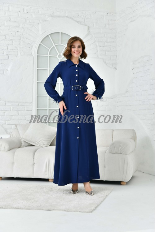 Dark blue dress with feathers on the sleeves with belt and buttons