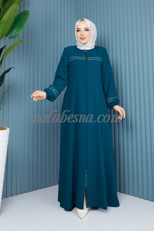 Turquoise abaya with embroidery strass lines and zipper
