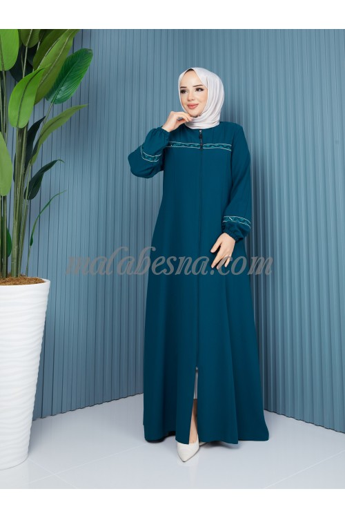 Turquoise abaya with embroidery strass lines and zipper