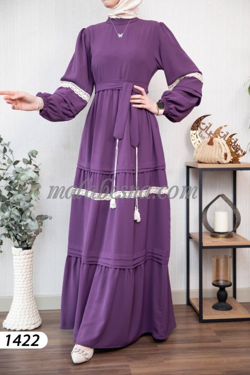 Purple dress with white lace and belt