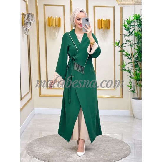 2 pieces Green dress with beige internal dress with attached belt