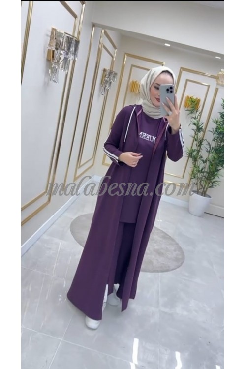3 Pieces Purple suit with long jacket and two lines on the trouser and the jacket