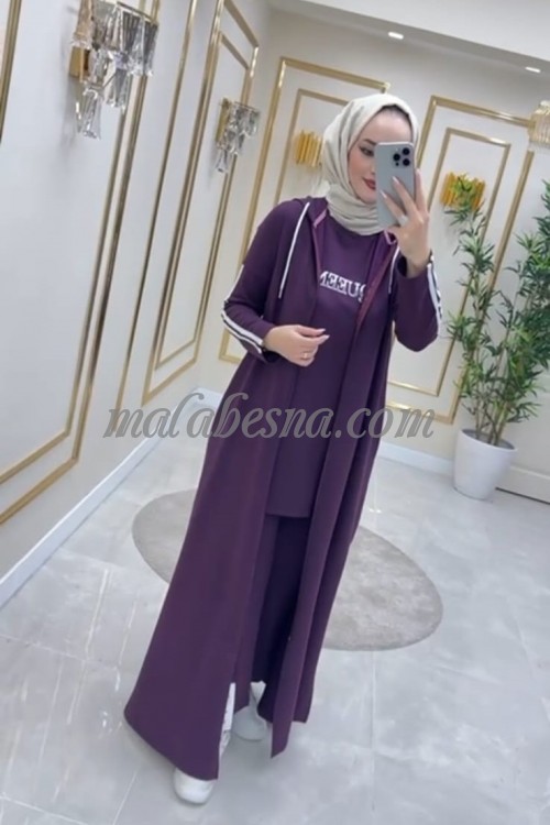 3 Pieces Purple suit with long jacket and two lines on the trouser and the jacket