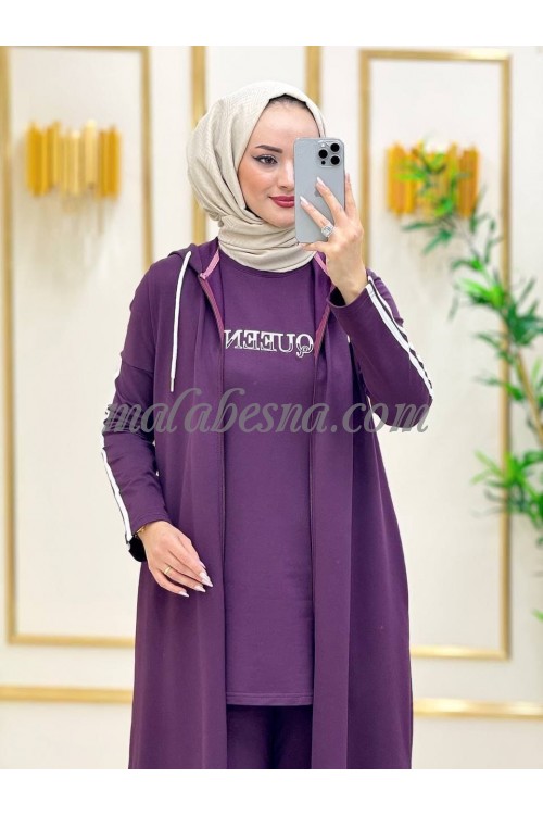 3 Pieces Purple suit with long jacket and two lines on the trouser and the jacket