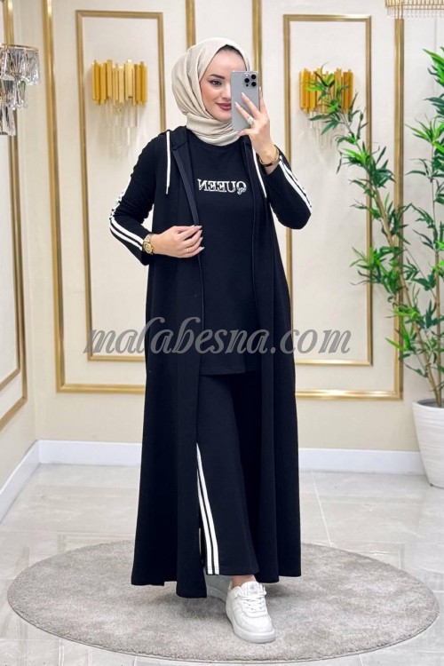 3 Pieces Black suit with white lines and long cardigan