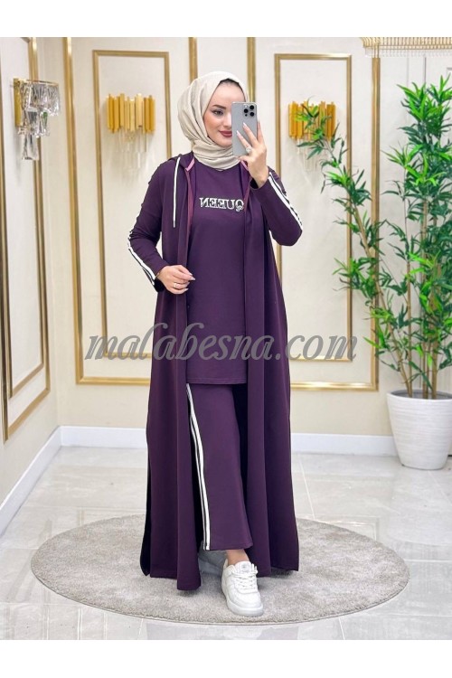 3 Pieces Purple suit with white lines and long cardigan