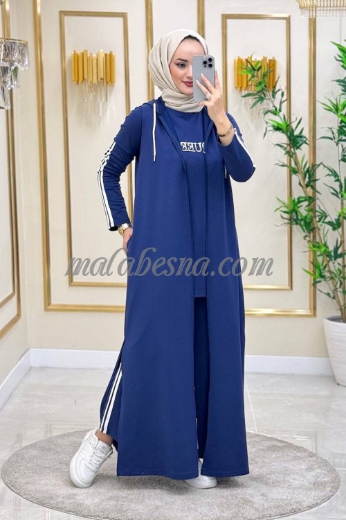 3 Pieces Dark blue suit with white lines and long cardigan