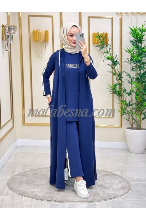 3 Pieces Dark blue suit with white lines and long cardigan