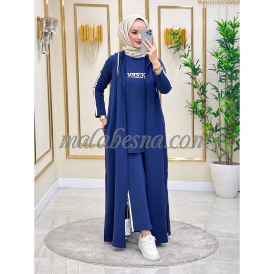 3 Pieces Dark blue suit with white lines and long cardigan