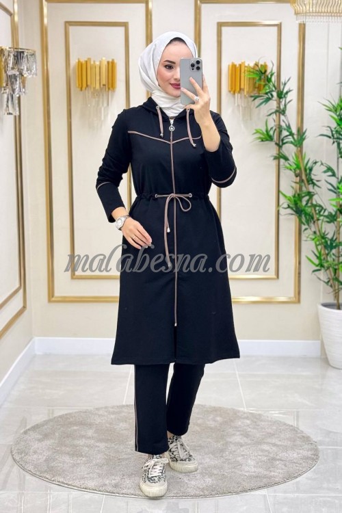 2 Pieces Black suit with beige internal belt on the chest