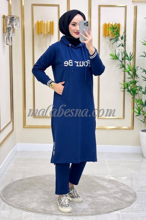 2 Pieces Dark blue suit with long blouse open from two sides
