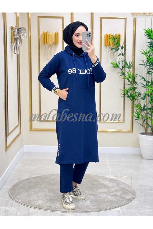 2 Pieces Dark blue suit with long blouse open from two sides