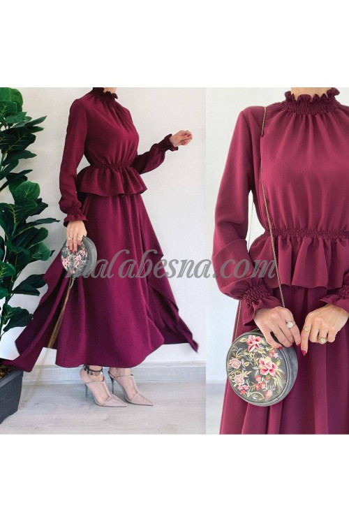 2 Pieces burgundy suit with long blouse from back with skirt