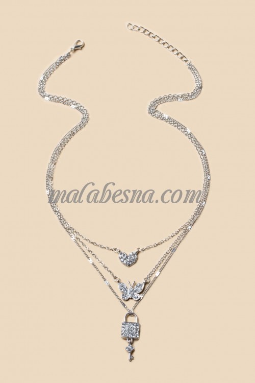 3 layers necklace with heart butterfly and a lock