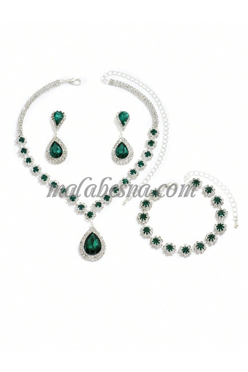 3 Pieces green and silver set of necklace earrings and bracelet
