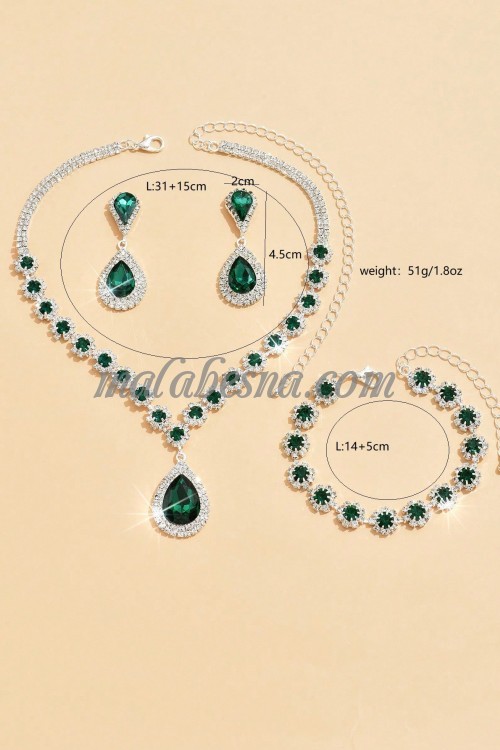 3 Pieces green and silver set of necklace earrings and bracelet