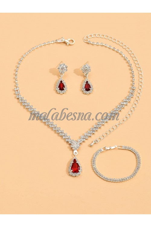 3 Pieces red and silver set of necklace earrings and bracelet