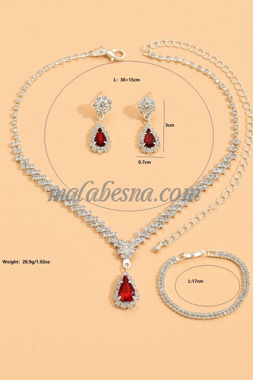 3 Pieces red and silver set of necklace earrings and bracelet