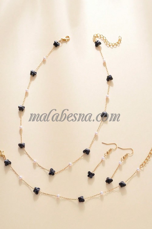 3 Pieces golden set of necklace earrings and bracelet with black butterfly and white pearls