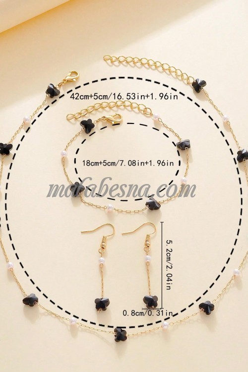 3 Pieces golden set of necklace earrings and bracelet with black butterfly and white pearls