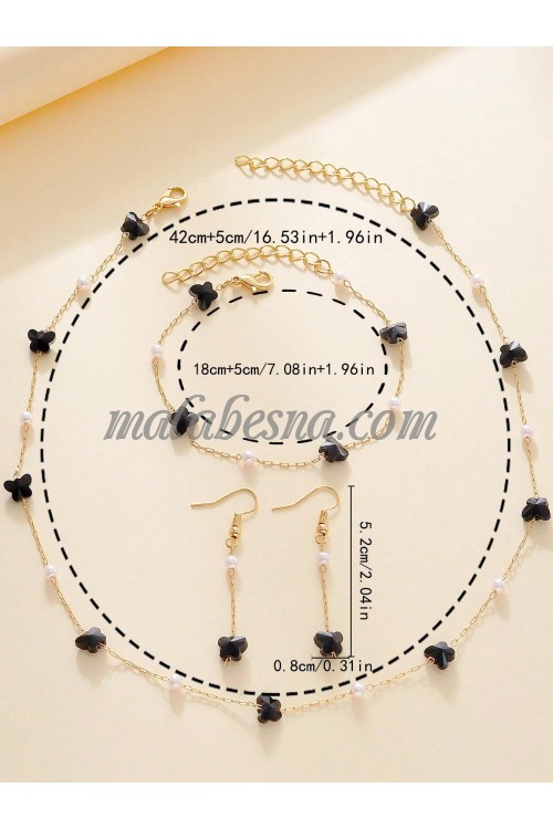 3 Pieces golden set of necklace earrings and bracelet with black butterfly and white pearls