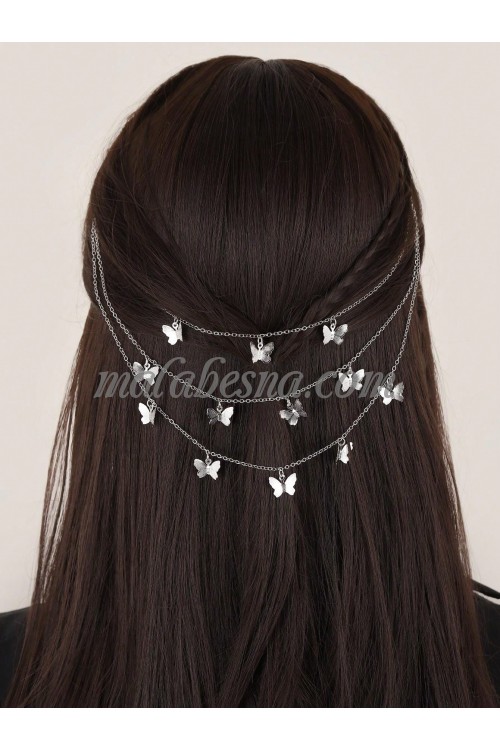 3 layers silver hair clip with butterfly