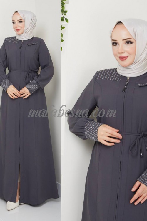 Gray abaya with strass on sleeves and shoulders with belt