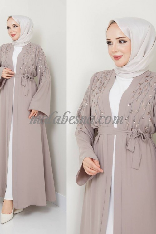 2 Pieces beige abaya with strass on the chest with white dress with belt