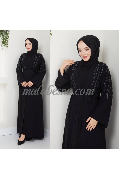 2 Pieces Black abaya with strass and black dress with belt 