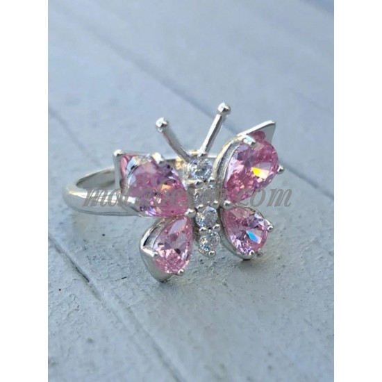 Silver ring with butterfly and pink on its wings Silver ring with butterfly and pink on its wings
