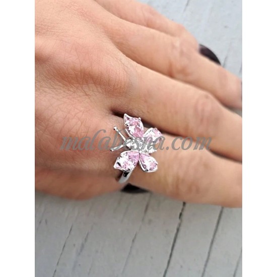 Silver ring with butterfly and pink on its wings Silver ring with butterfly and pink on its wings