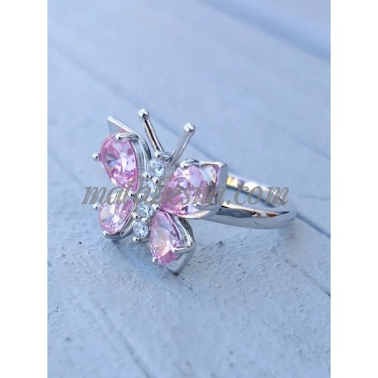 Silver ring with butterfly and pink on its wings Silver ring with butterfly and pink on its wings