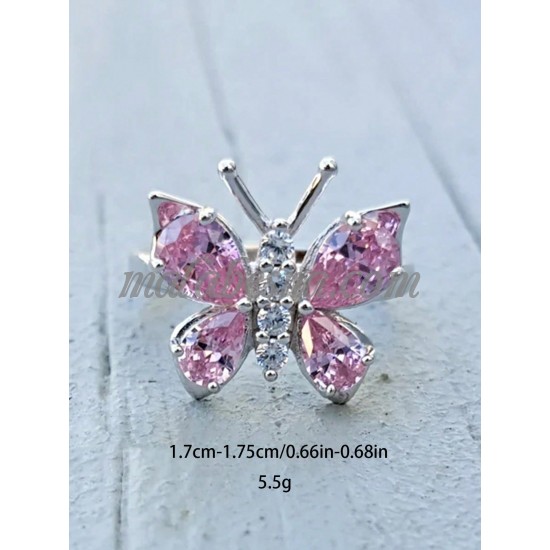 Silver ring with butterfly and pink on its wings Silver ring with butterfly and pink on its wings