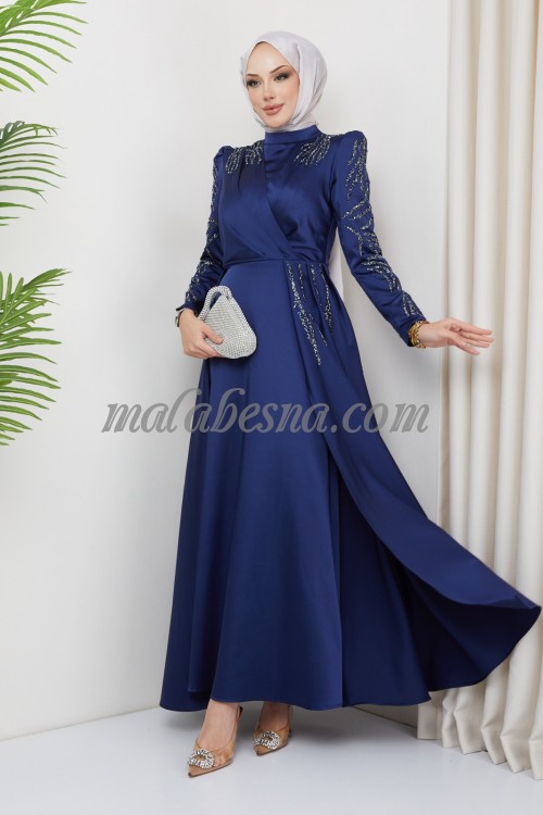 Dark blue evening dress with attached skirt with shining stones