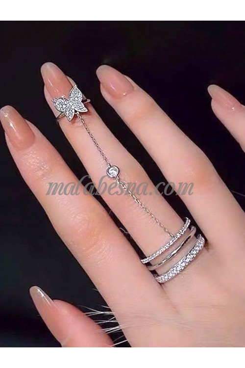 Silver ring twin ring with butterfly