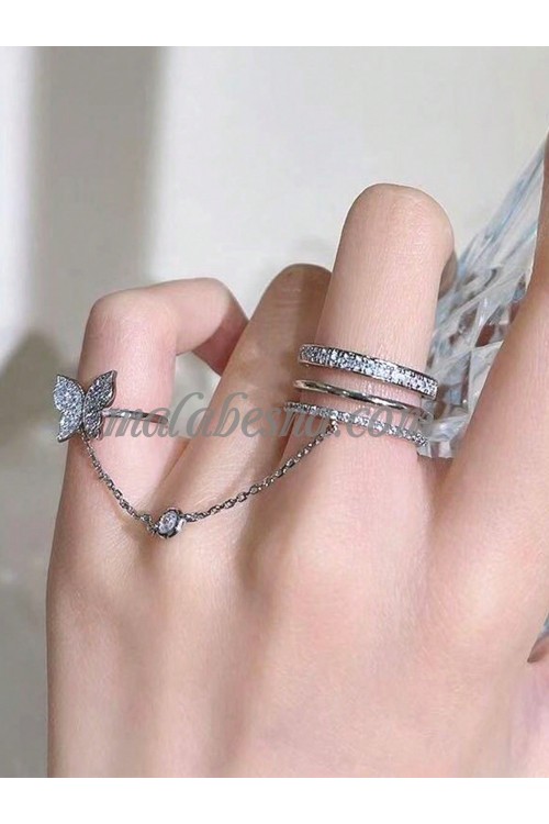 Silver ring twin ring with butterfly