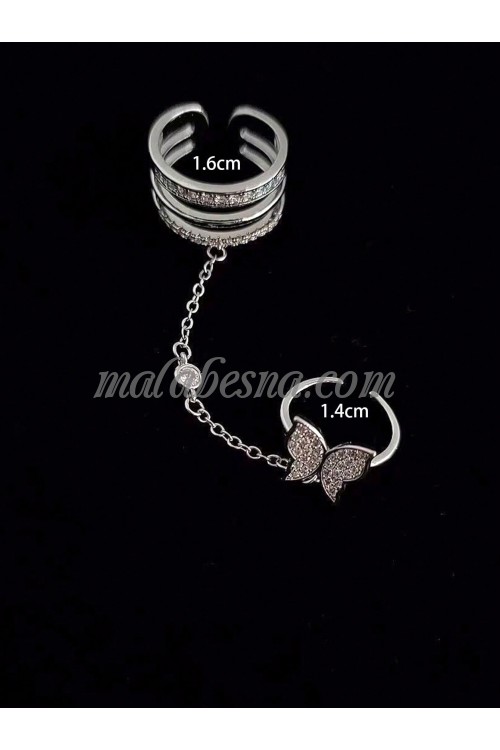 Silver ring twin ring with butterfly