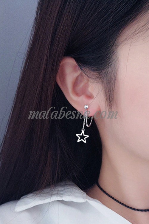 Silver hollow star earring with chains