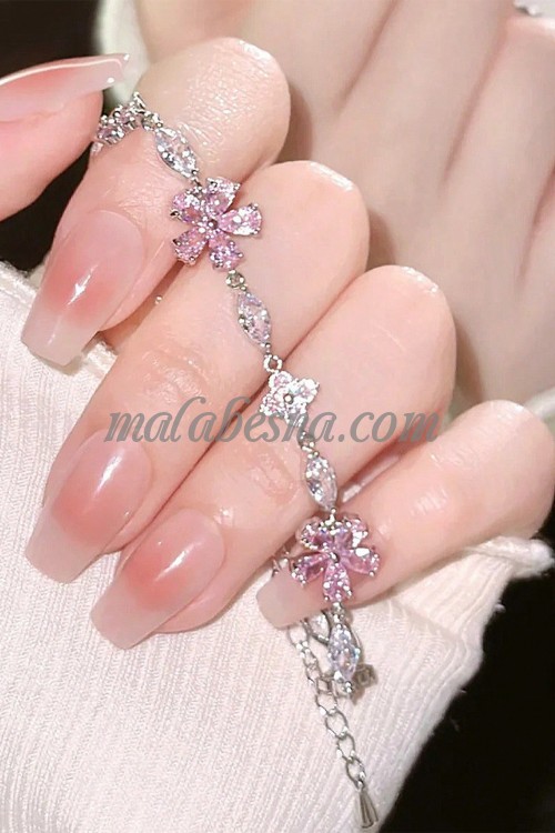 Silver bracelet with pink flowers